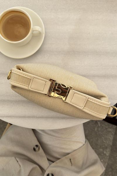 LEONAS Geantă de mână și de umăr pentru femei de mărime medie din in cu accesorii Gold Lock Santorini Cream