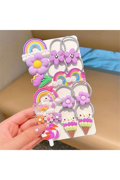 So Much Accesories New Model Children's Buckle Rubber Collar Set - 15 Pieces Purple