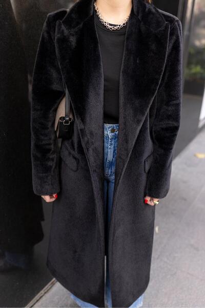 Askı Nişantaşı Siyah Kaşmir Dokulu Cepli Kaban