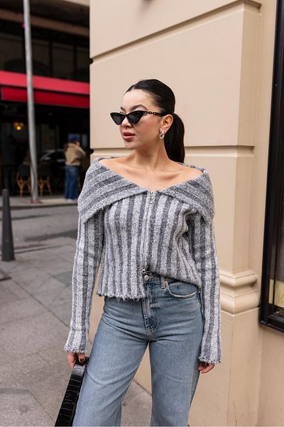 Askı Nişantaşı Gray Degaje Collar Zippered Cardigan