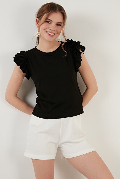Lela Kolları Fırfırlı Slim Fit Bisiklet Yaka % 100 Pamuk T Shirt 5864500