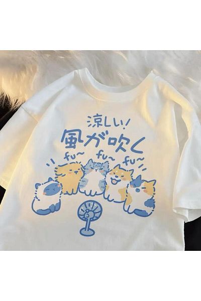 Touz Moda Λευκό μπλουζάκι Unisex Oversize με στάμπα Wind Blowing Cat