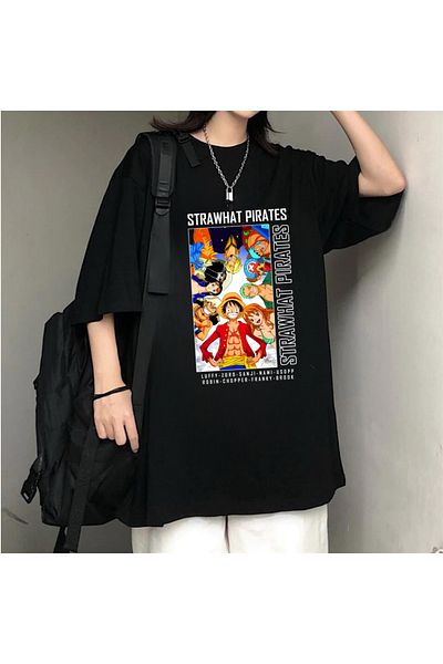 Touz Moda Harajuku Anime One Piece Strawhat Black Oversize T-Shirt