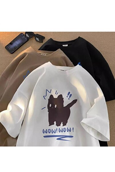 Touz Moda Λευκό μπλουζάκι Unisex Oversize - Wow Cat Printed