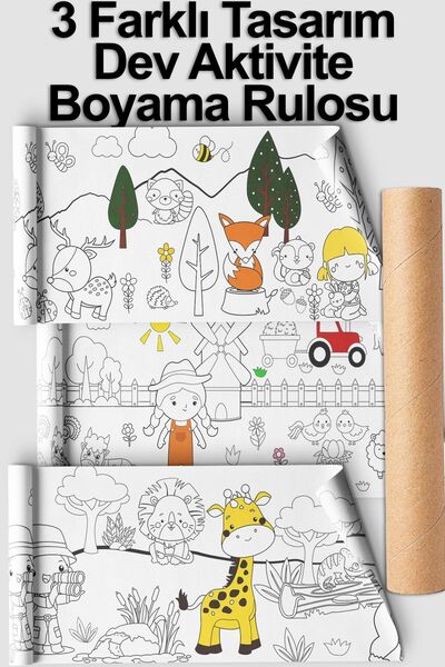 Little One 3 Farklı Tema Kreş Ve Okul Için Aktivite Rulo Boyama Kağıdı - 62 Cm X 7.5 Metre Dev Rulo