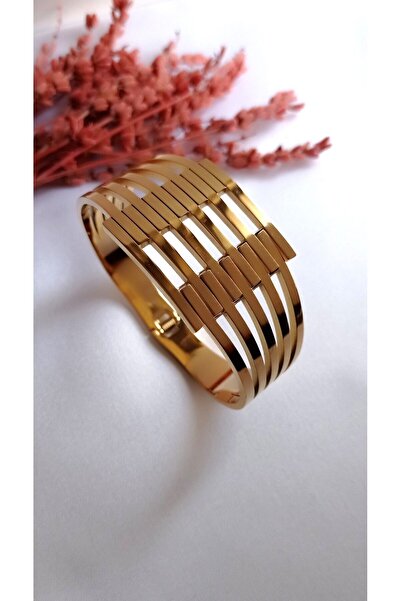 Lilya Jewelry Kadın Paslanmaz Çelik Kalın Kaburga Kelepçe Bilezik Çelik Bileklik