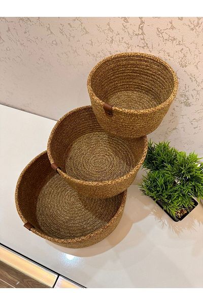 REYGON TEKSTİL wicker ROUND HANDWOVEN BASKET BATHROOM AND KITCHEN ORGANIZER DIAMETER 25-20-15 DEPTH 10 cm