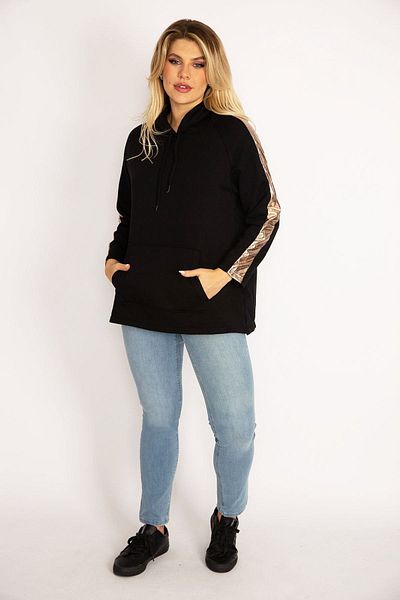 Şans Women's Large Size Black Sleeves Gold Stripe Detailed Hooded Kangaroo Pocket Sweatshirt 65n34671