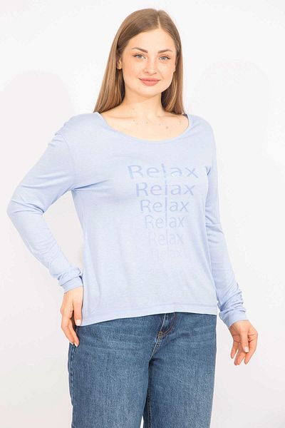 Şans Women's Baby Blue Plus Size Crew Neck Front Printed Blouse 65n35567