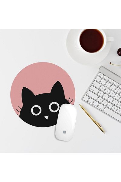 BaskıBazar Pink Round Mouse Pad with Black Cat