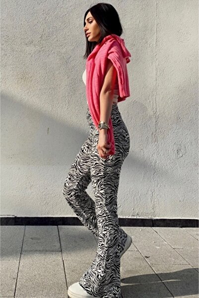 KaSheHa Ekru-siyah Krep Kumaş Zebra Desenli Likralı Yüksek Bel Toparlayıcı Ispanyol Paça Tayt Pantolon