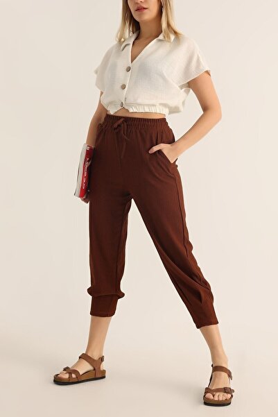 KaSheHa Kahverengi Paçası Büzgülü Beli Lastikli Bağcıklı Krinkıl Bürümcük Seu...