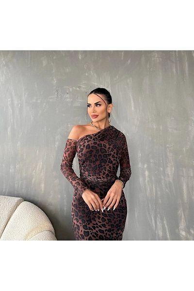 BETULAKSUBUTİK Colorful Leopard Tulle Shoulder Detailed Stylish Dress