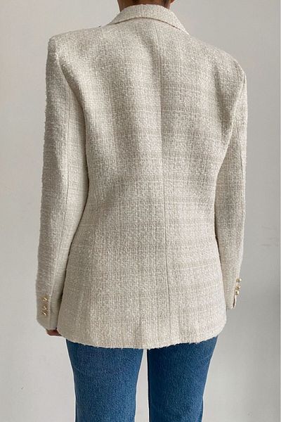 Miyore New Season Double Breasted Collar Gold Buttoned Blazer Tweed Jacket