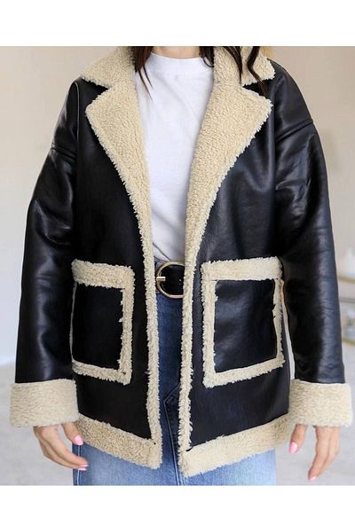 Lady Pixie Furry Faux Leather Coat with Large Pockets