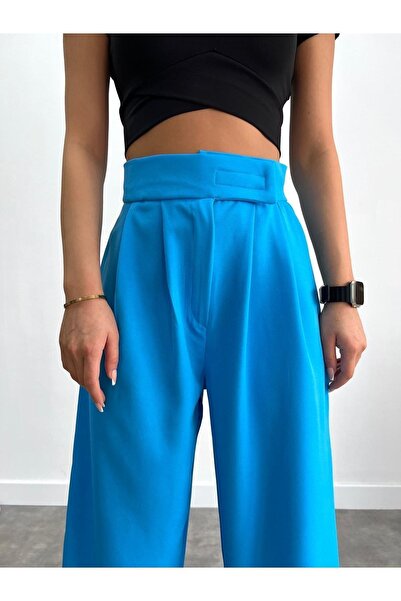 EGC MODA Pantaloni evazați Palazzo Atlas din țesătură cu centură în talie cu velcro pentru femei