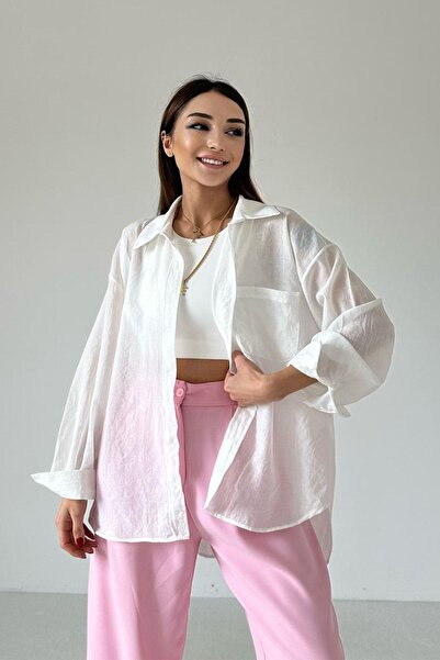 ms perry Kadın Keten Dokulu Oversize Gömlek