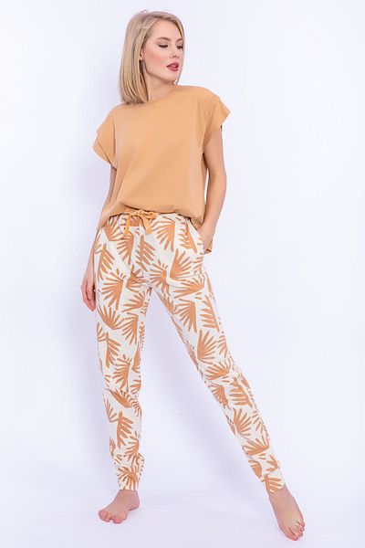Arnetta Дамски костюм Slim Fit с шарка на листа, камила