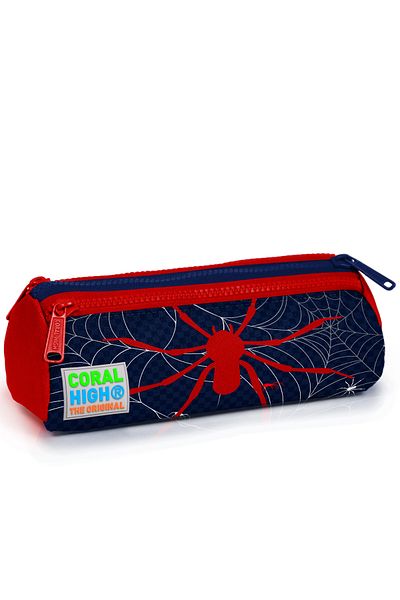 Coral High Kids Navy Blue Red Spider Patterned Three Compartment Pencil Bag 22020