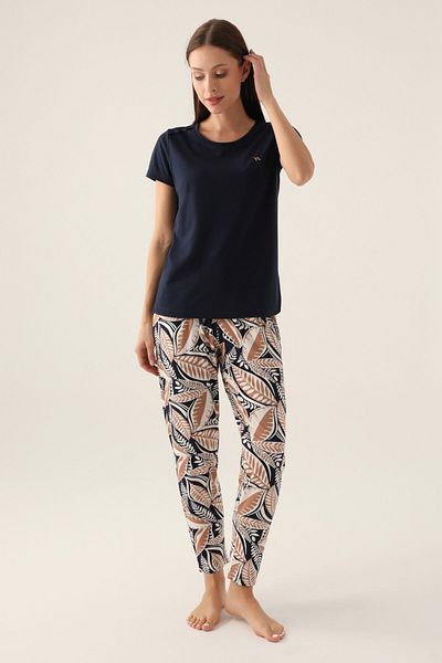 Arnetta Leaf Navy Blue Women's Short Sleeve Pajama Set