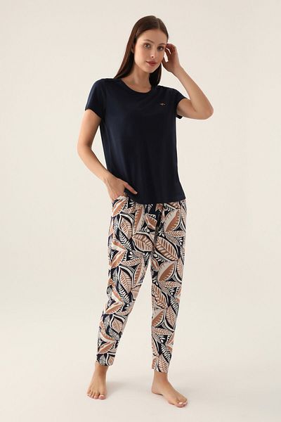 Arnetta Leaf Navy Blue Women's Short Sleeve Pajama Set