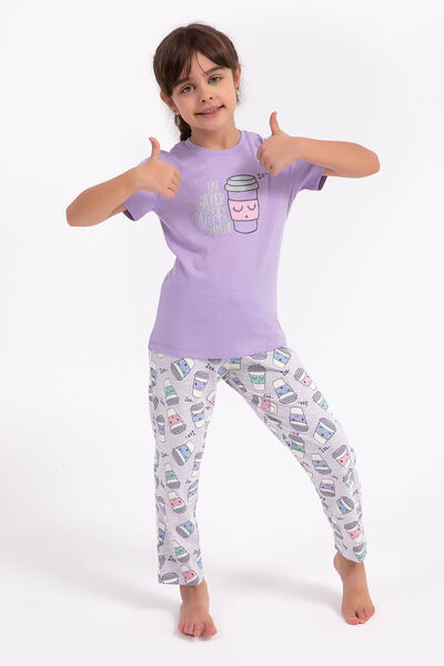 Arnetta Eat Sleep Coffee Repeat Lila Kız Çocuk Pijama Takımı