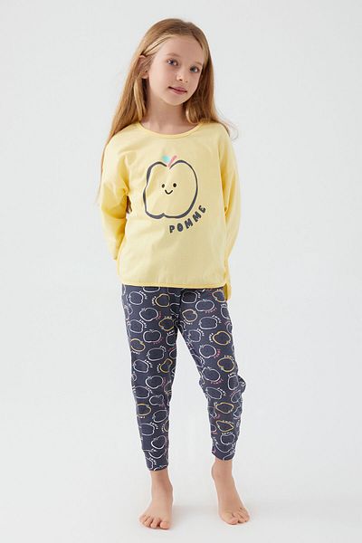 ROLY POLY Yellow Pomme Apple Patterned Rolypoly Girl's Long Sleeve Pajama Set