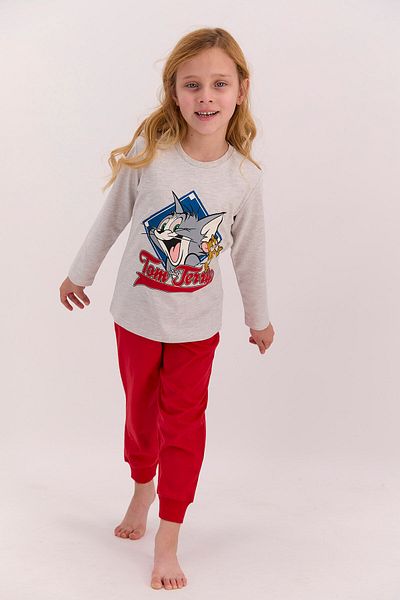 Tom and Jerry Tom&Jarry Beige Melange Licensed Girl's Pajama Set