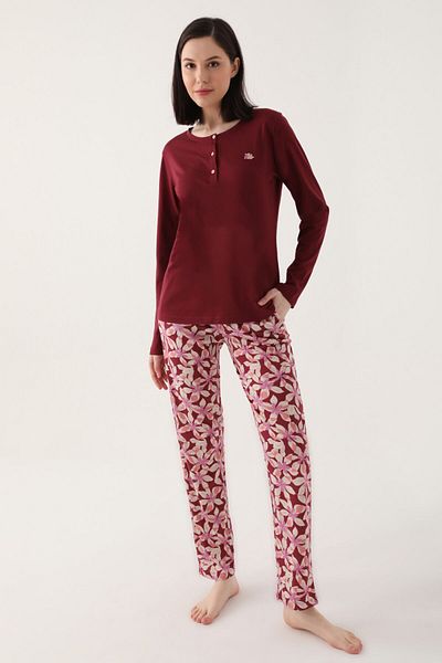 Arnetta Buttoned Claret Red Women's Long Sleeve Pajama Set