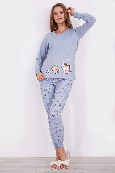 Arnetta Set de pijamale cu mânecă lungă pentru femei, Blue Coffee