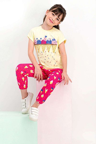 ROLY POLY Rolypoly Printed Girl's Light Yellow Short Sleeve Pajama Set