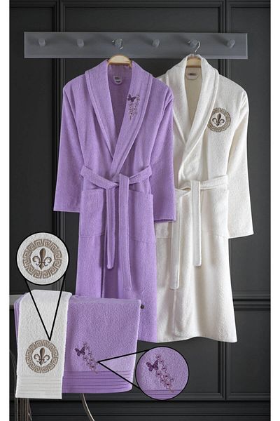 BİNNUR HOME Set halat de baie Alya Bumbac Brodat 4 Piese Liliac I Crem