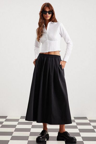 GRIMELANGE Estela Black Long Balloon Women's Skirt - Waterproof, Pocket and Elastic Waist