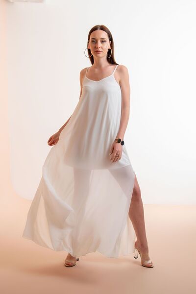 Laranor Ecru Chiffon Dress - Adjustable Strap and Slit Detail (Day and Night Chic)