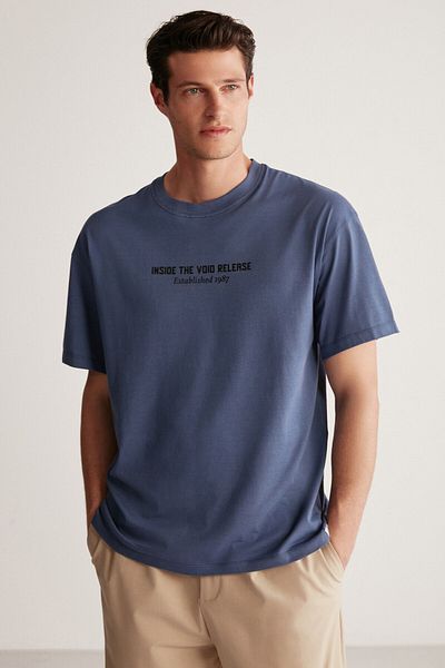 GRIMELANGE Tricou pentru bărbați, cu mânecă scurtă, tricotat 100% bumbac organic, cu imprimeu la spate, albastru bleumarin