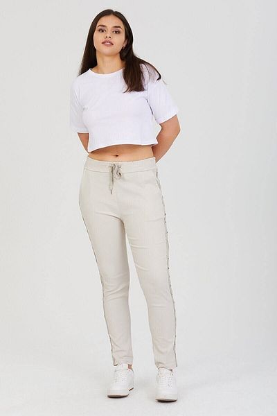 AYASOFYA OTANTIK Women's Beige Italian Eyelet Striped Lycra Trousers