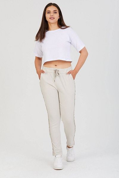 AYASOFYA OTANTIK Women's Beige Italian Eyelet Striped Lycra Trousers
