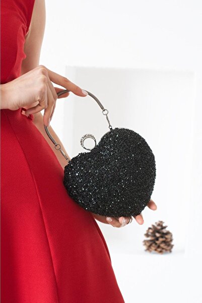 ImPolo Ella Kalp Taşlı Siyah Kadın Abiye El Çanta 19x20 Ebat