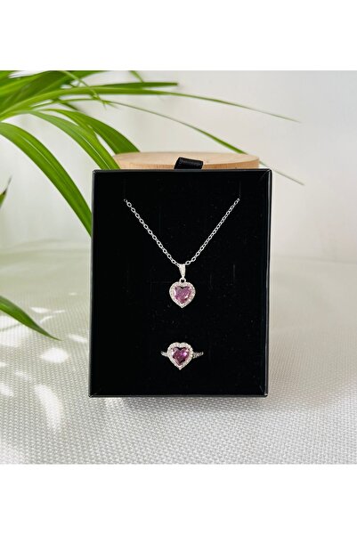 RM Bijuteri Zirkon Taşlı Kalp Model Çelik Kolye Yüzük Seti