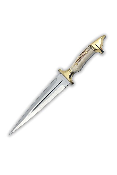 göcen Kişiye Özel El Yapımı Geyik Boynuzlu Av Ve Kamp Bıçağı Kurt Başlı Sarı Bilezikli Hediyelik Bıçak