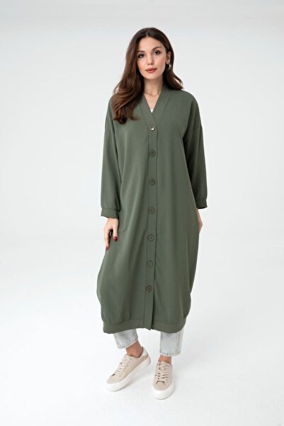 Puane Buttoned Front Below Knee Summer Long Khaki Tunic-cardigan 10421