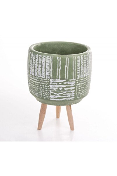 Lui Tasarım Ayaklı Antik Desenli Yeşil Beton Saksı 12,5x20 Cm