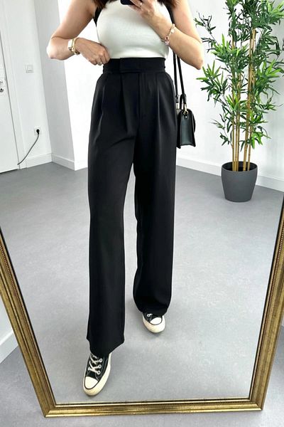 GRİLAND Women's Black High Waist Velcro Pleated Palazzo Pants