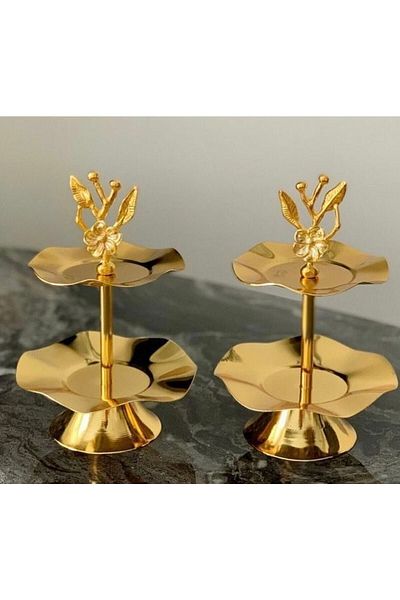 Elzem Decorative Gold Plated 2 Layer Snack Bowl Dragee Dishes Japanese Rose Turkish Delight Bowl Coffee Side