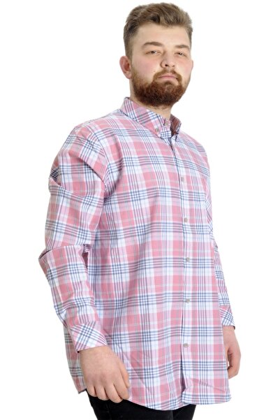 ModeXL Mode Xl Büyük Beden Erkek Gömlek Ekose Uzun Kollu 23300 Koyu Pembe