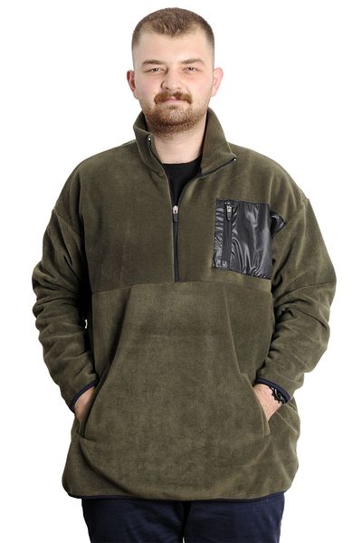 ModeXL Mode XL Plus Size Ανδρικός ιδρώτας με μισό φερμουάρ γαρνιρισμένο φλις 23552 Χακί