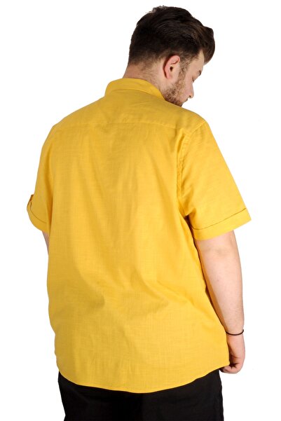 ModeXL Mode Xl Large Size Men's Linen Lycra Shirt with Pockets 20389 Mustard