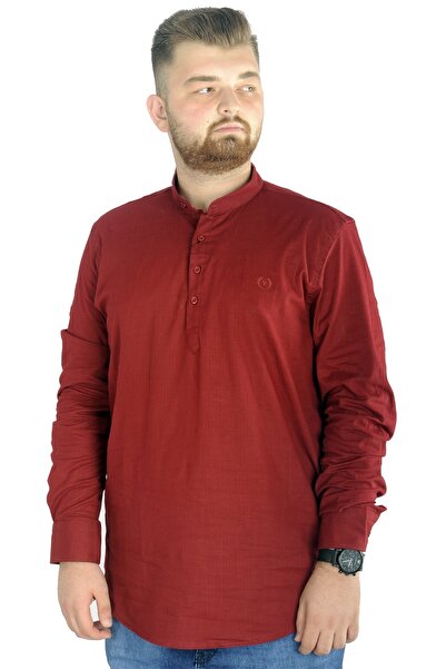 ModeXL Men's Linen Lycra Shirt - Plus Size, High Collar, Claret Red 20388