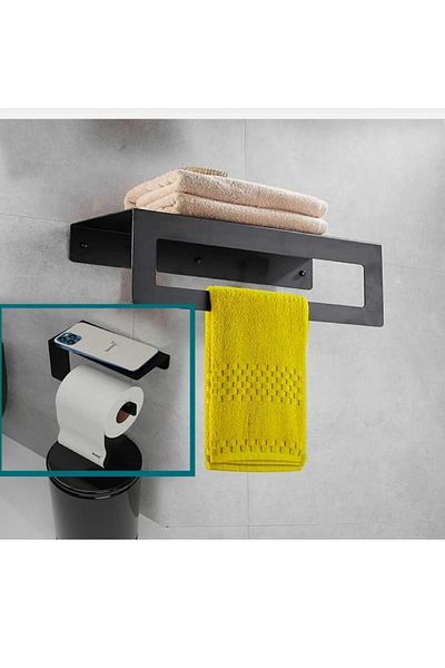 Nilüfer Design Μαύρο Μοντέρνο Μεταλλικό - Πετσέτα μπάνιου με ράφι και κρεμαστό χαρτί υγείας