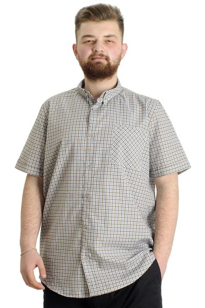 ModeXL Mode Xl Ανδρικό πουκάμισο μεγάλου μεγέθους καρό κοντό μανίκι 23301 Σκούρο καφέ